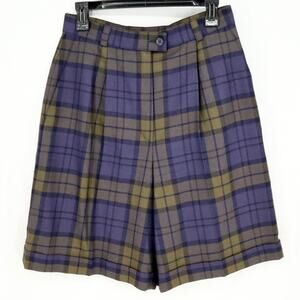 Louis Feraud Shorts Womens 8 Wool Blue Green Plaid Pleated Cuffs Lined Zip Vtg